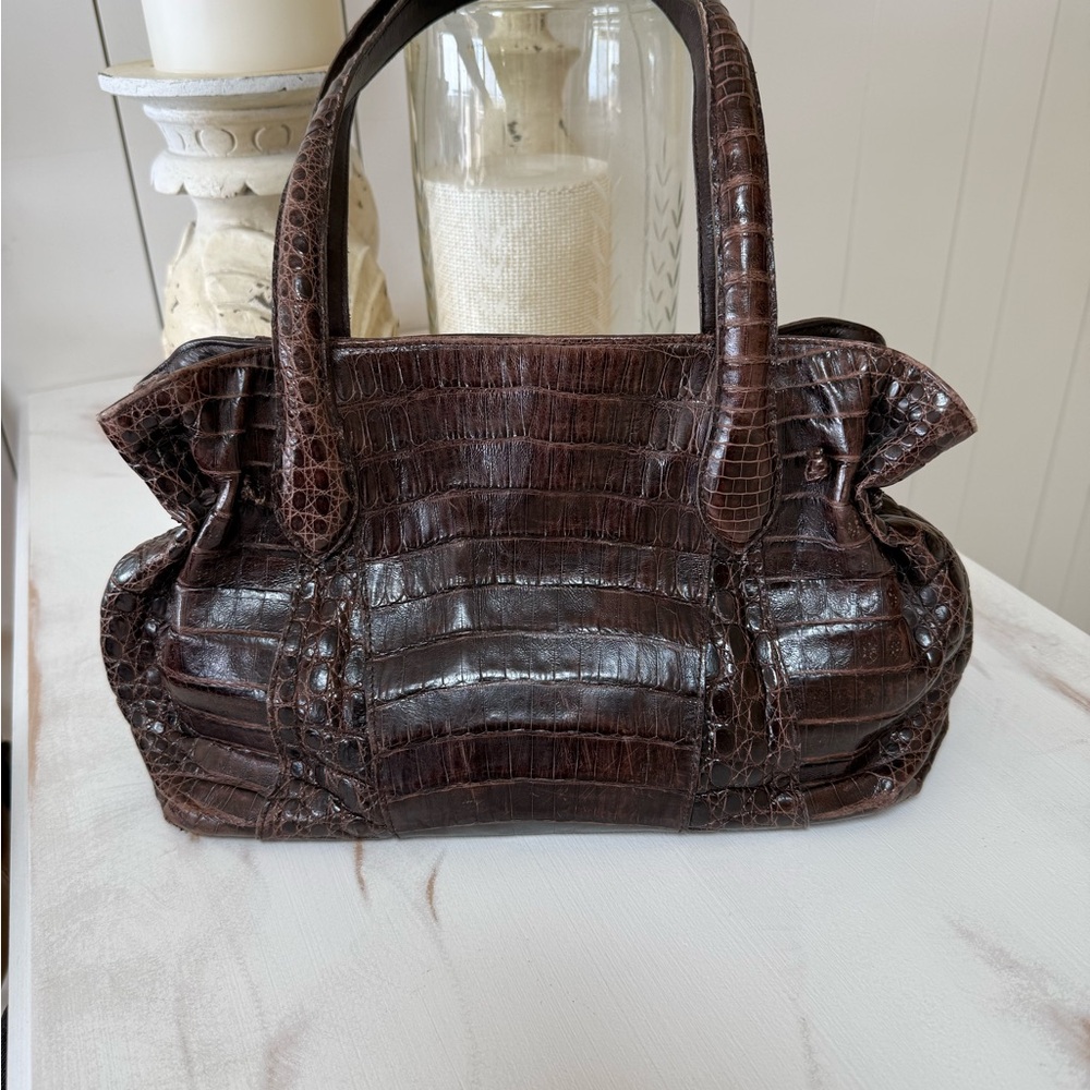Carlos Falchi Dark Brown genuine Croc Leather Shoulder Bag Vintage Crocodile